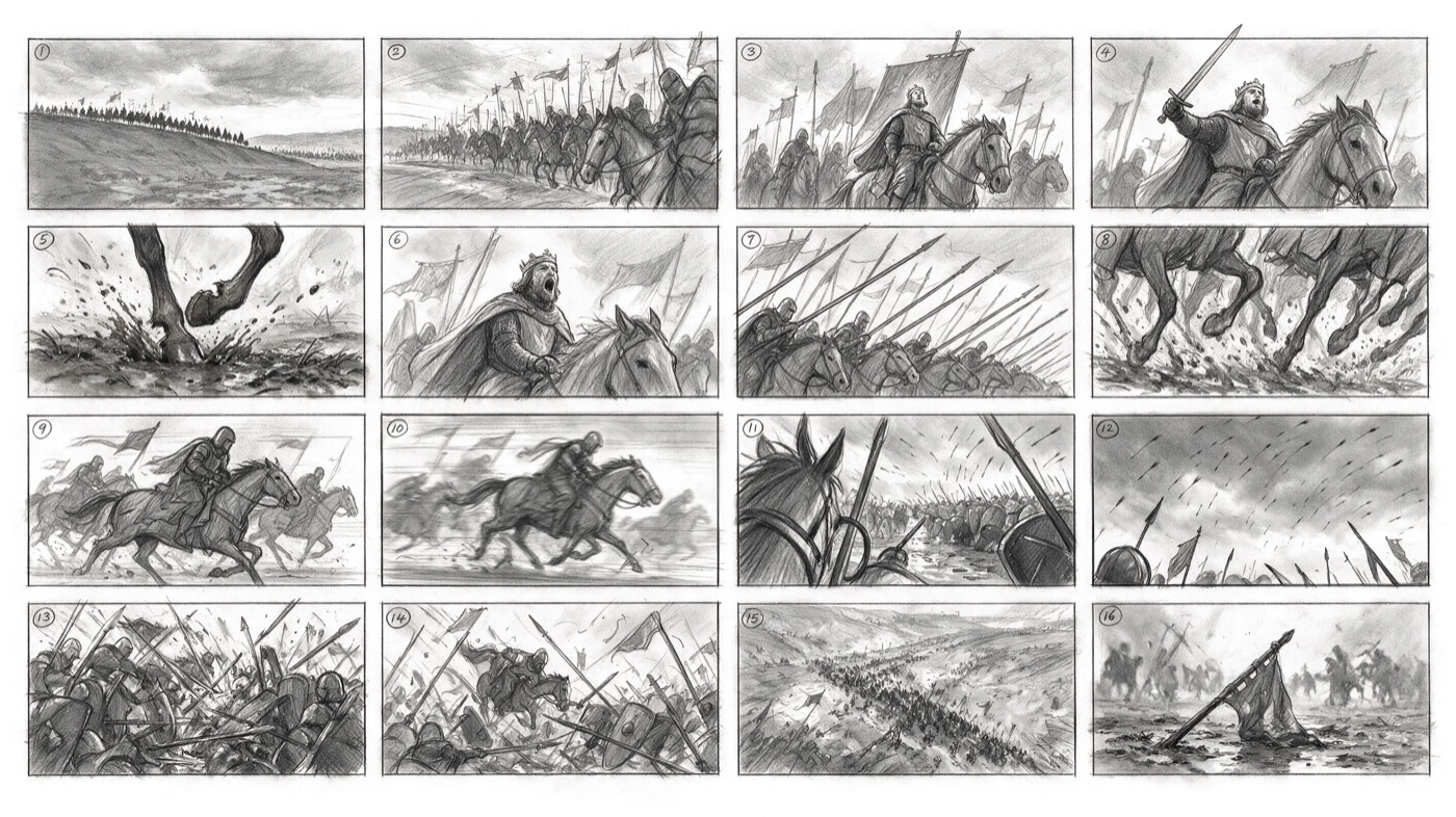 Sixteen-panel pencil storyboard of a cavalry charge