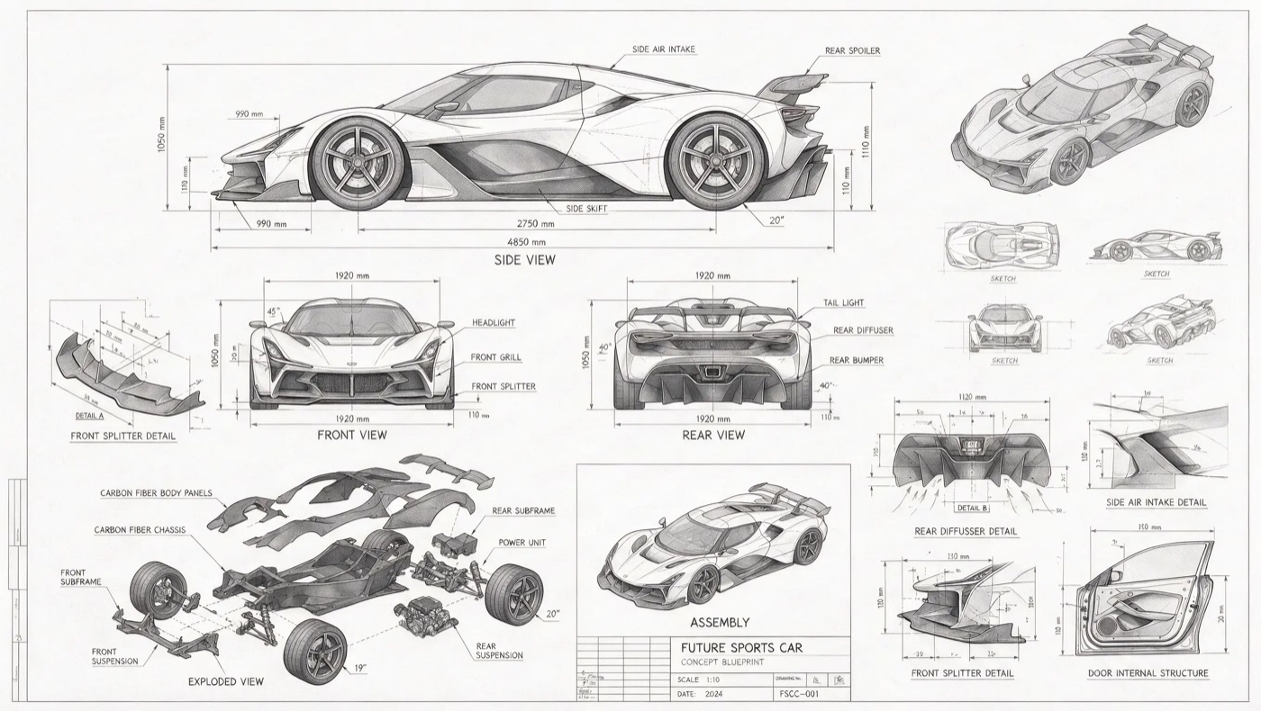 Concept sports car engineering blueprint with annotations