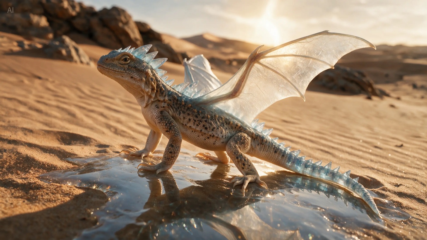 Photorealistic small dragon with translucent crystal wings