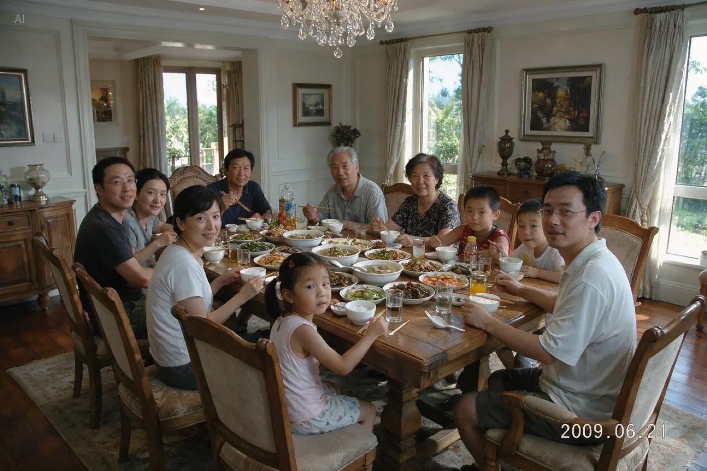Photorealistic family dinner photo with timestamp