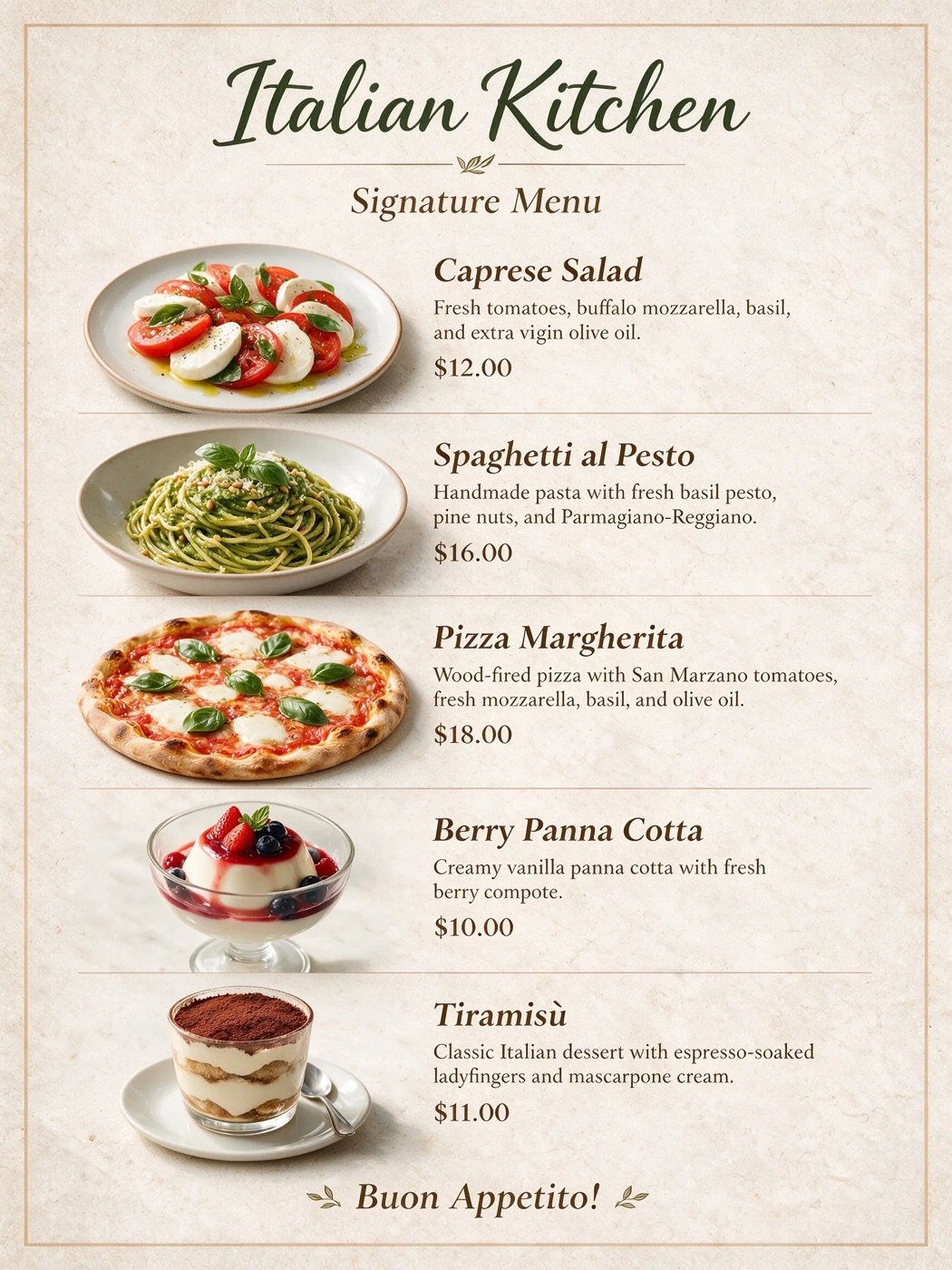 Italian restaurant menu with dish photos and prices