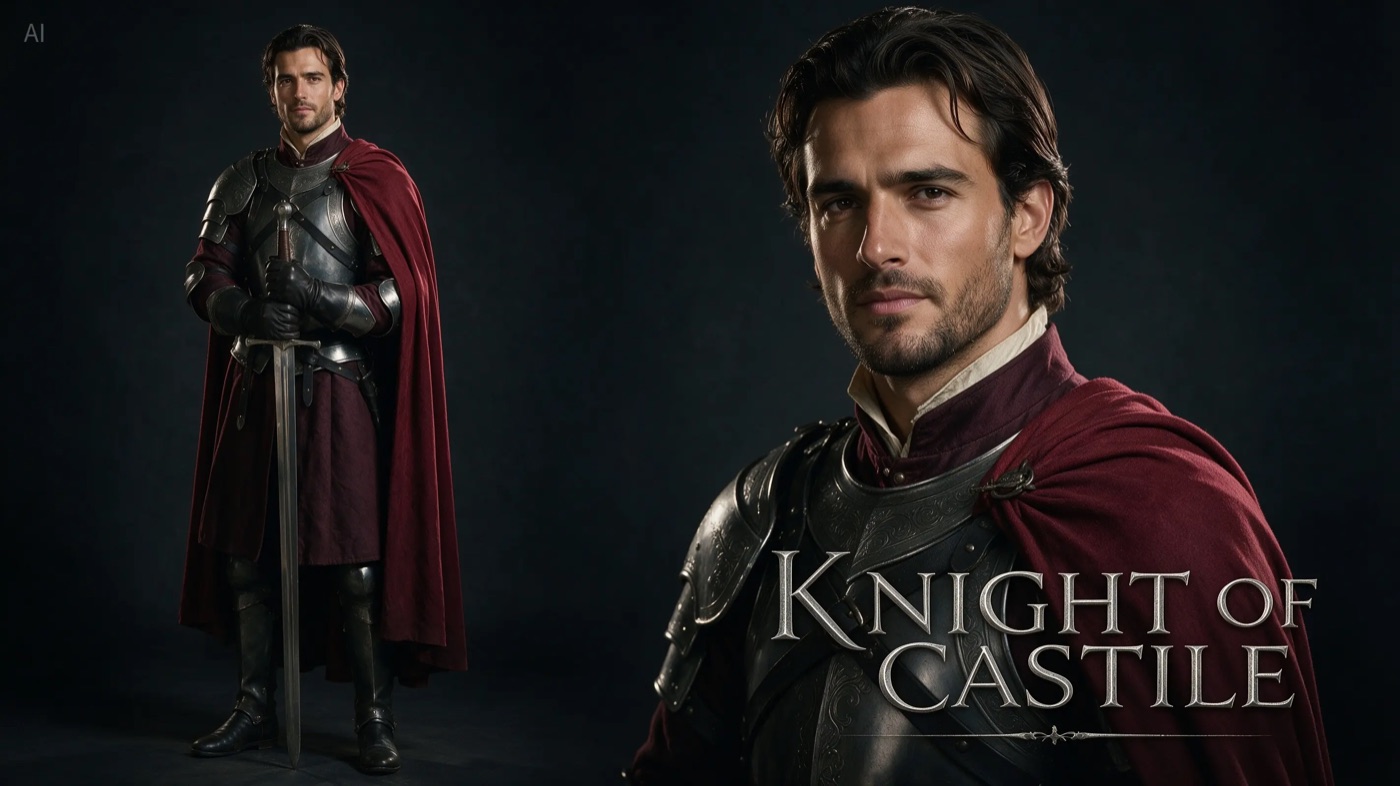 Game key art of a knight with embossed metallic title