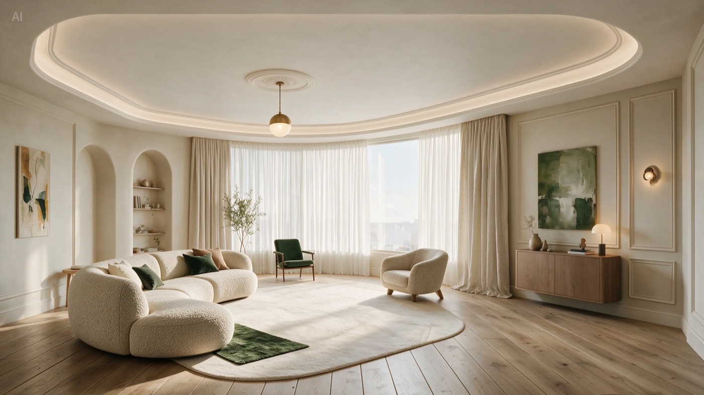 Warm cream living room interior with cove lighting