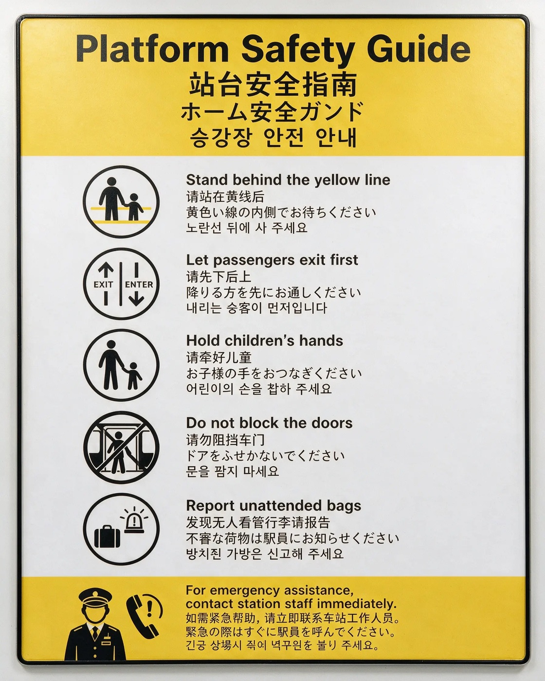 Subway safety sign rendered in four languages