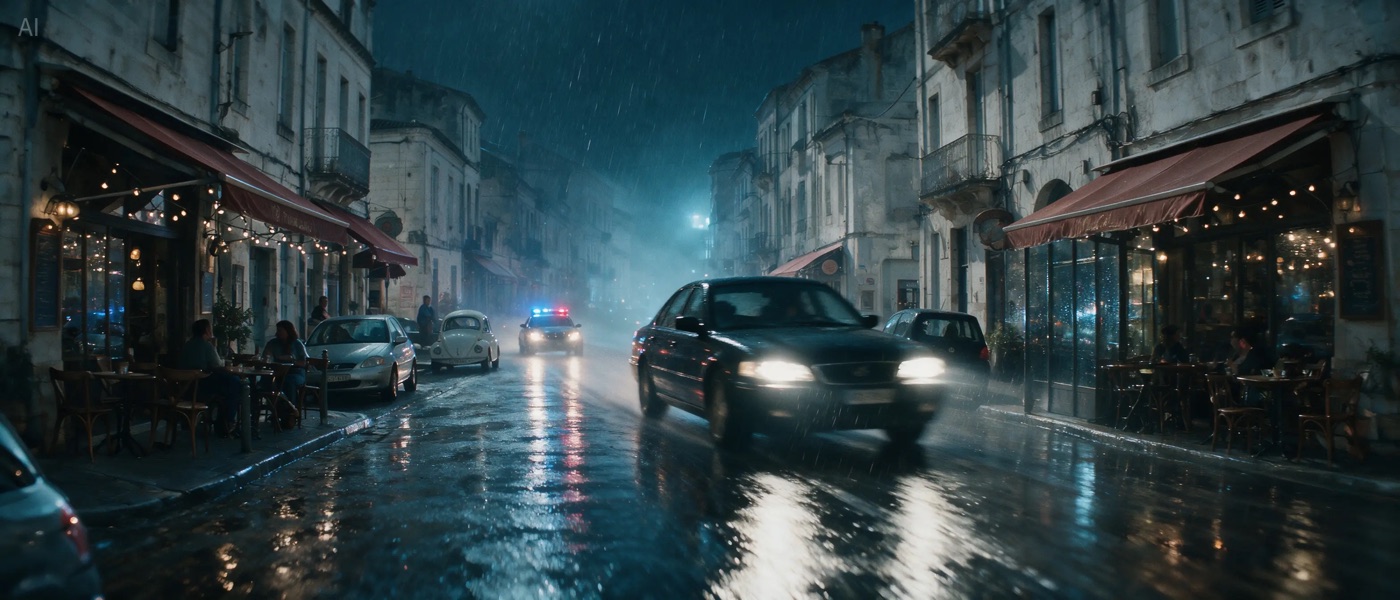 Cinematic rainy European street at night