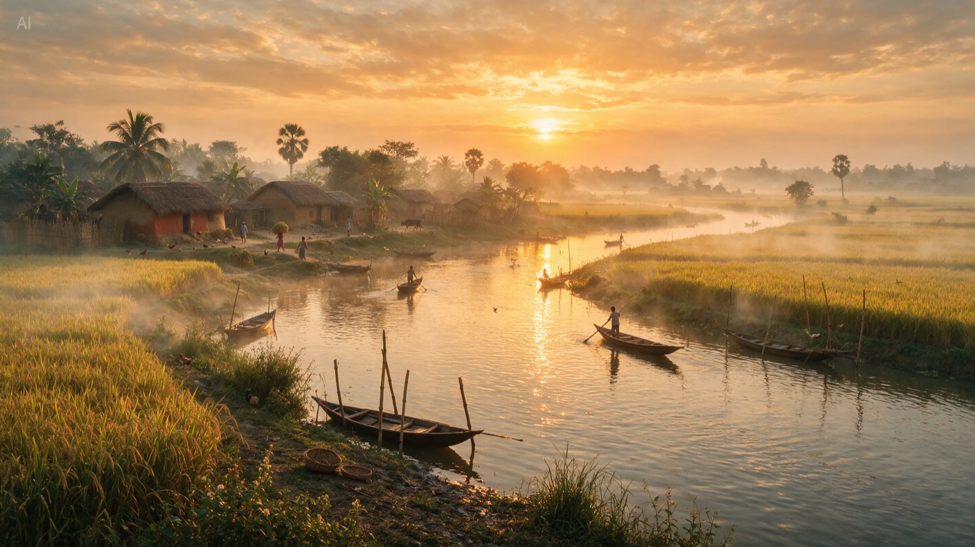 Golden hour riverside village with wooden boats
