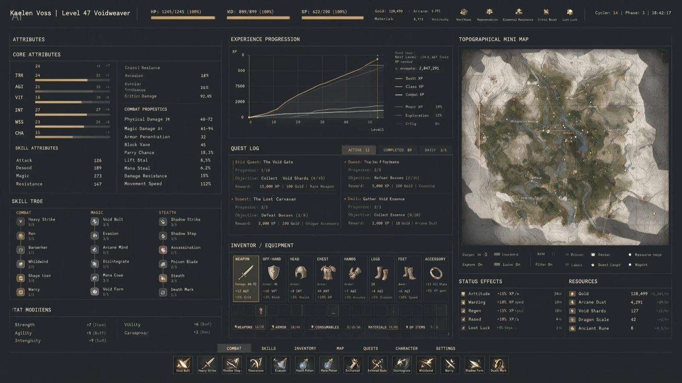 Information-dense fantasy RPG game interface