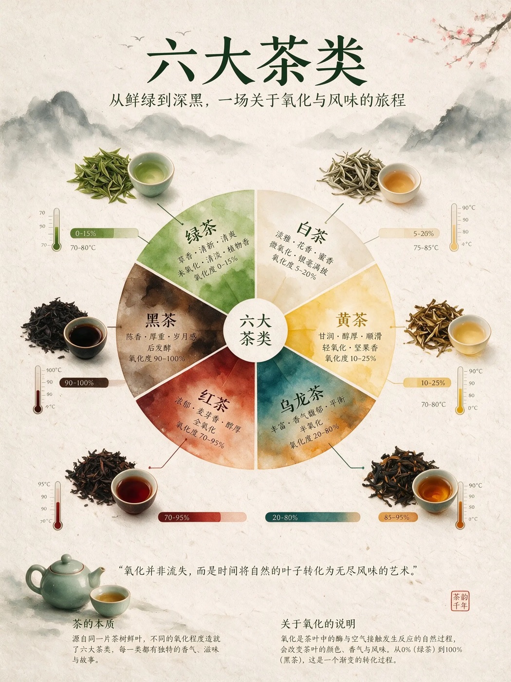 Chinese tea infographic poster with watercolor wheel diagram